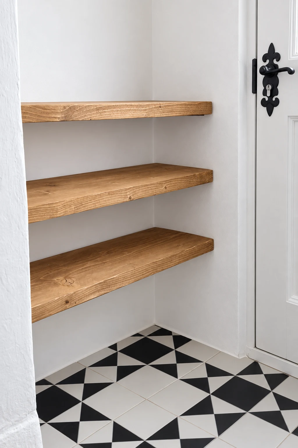 Wooden shelves fitted into an alcove