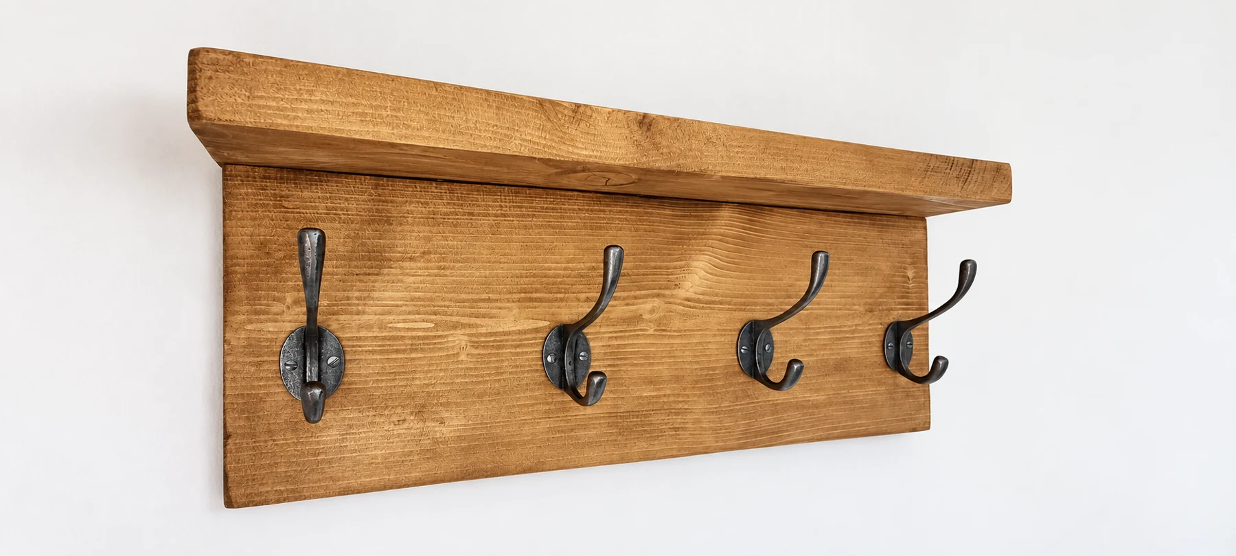 Wooden coat rack and shelf with four double hooks