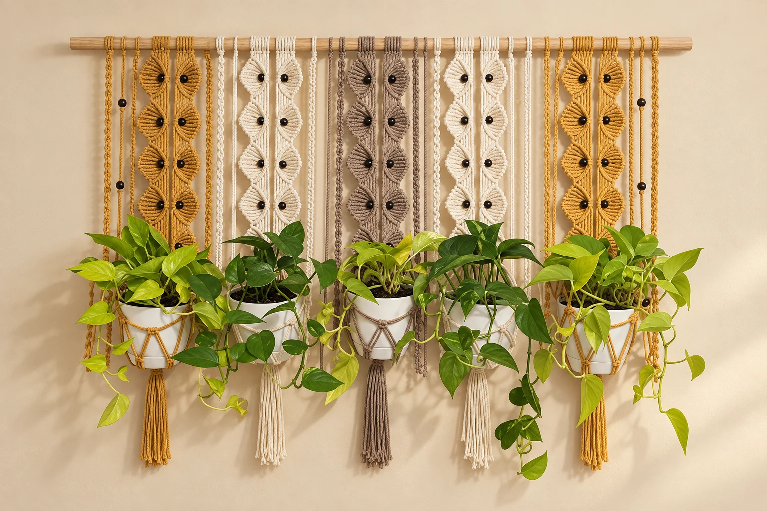 Five macramé plant hangers on a wooden rod
