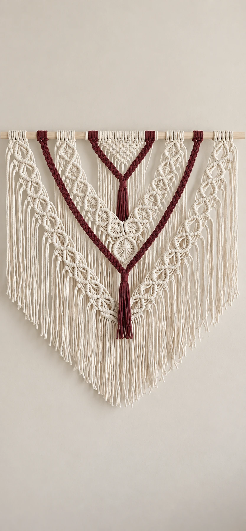 Cream and burgundy layered macramé wall hanging