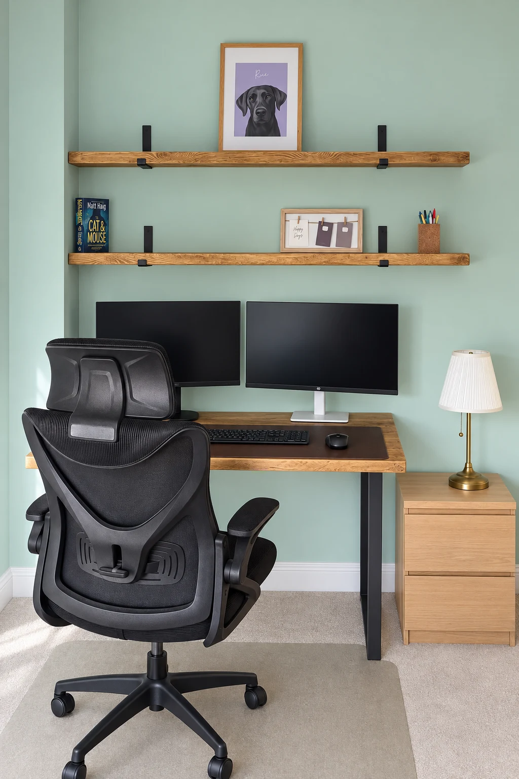 Timber shelving and desk in a home office
